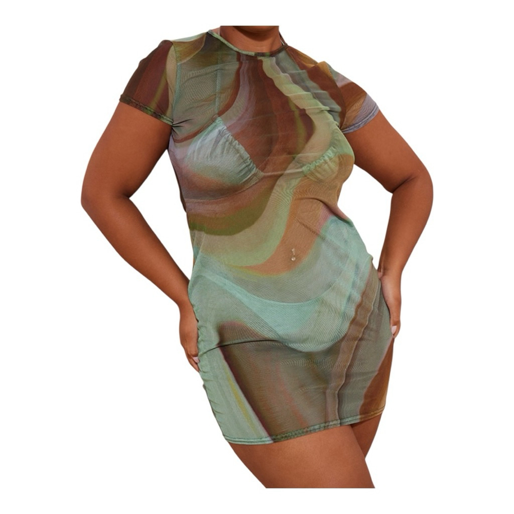 NWT Women's PRETTYLITTLETHING Abstract Marble Print Mesh Mini Beach Dress 10
